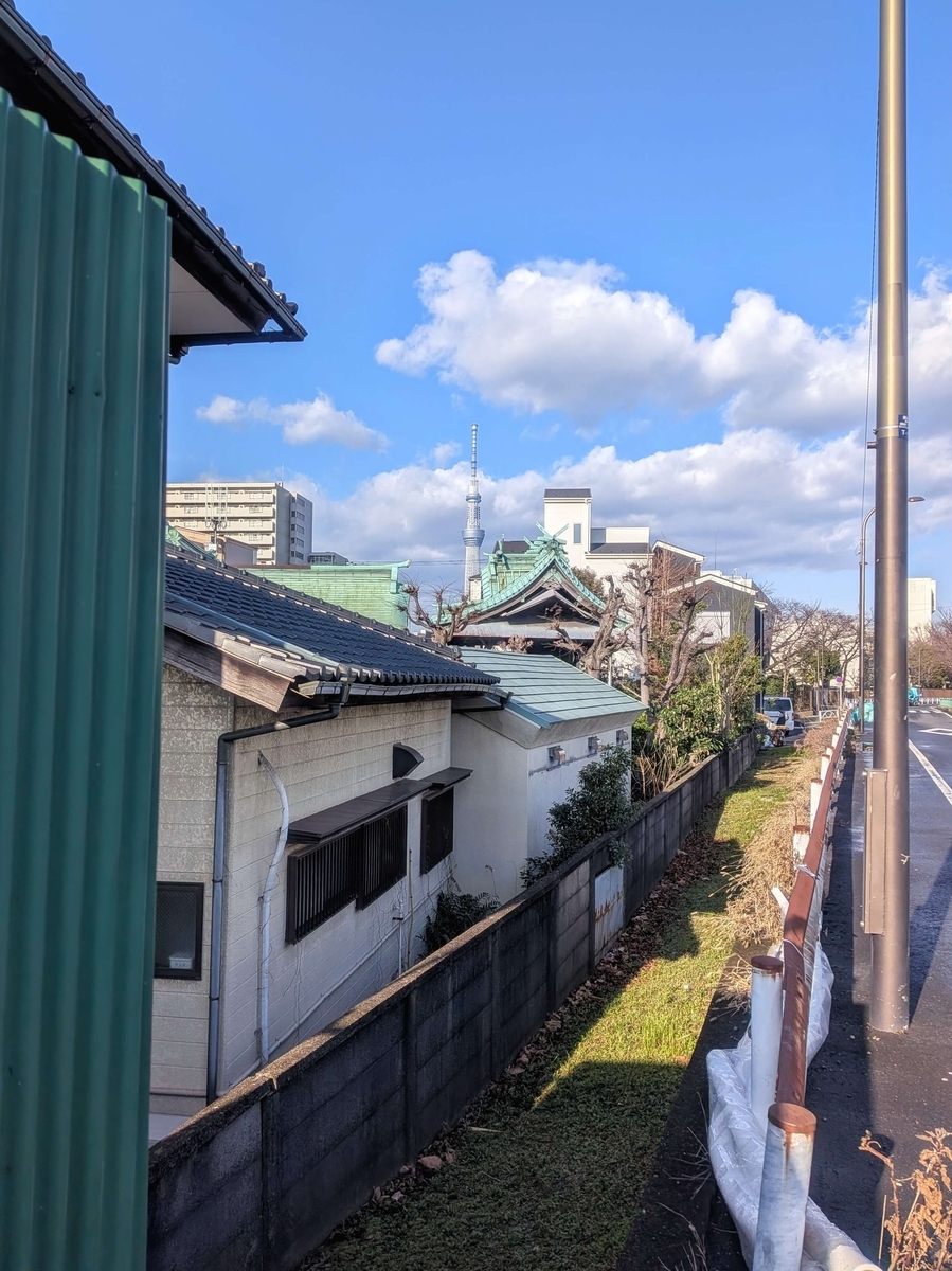 立花6丁目の町越しに小さく見えるスカイツリー