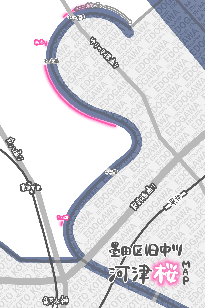 墨田区旧中川 河津桜マップ(手書き)