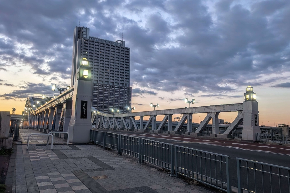 西橋詰から見る早朝の白髭橋