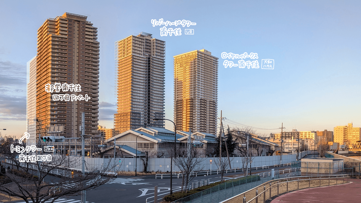 隅田川の土手から見る東京メトロ千住検車区とリバーハープスクエア･リバーハーププラザのタワマン群