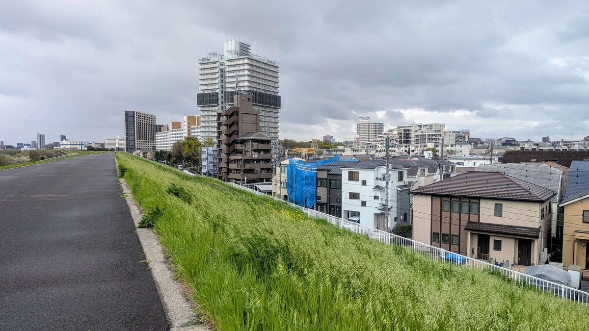 荒川右岸土手から見る北区浮間1,2丁目の町並み