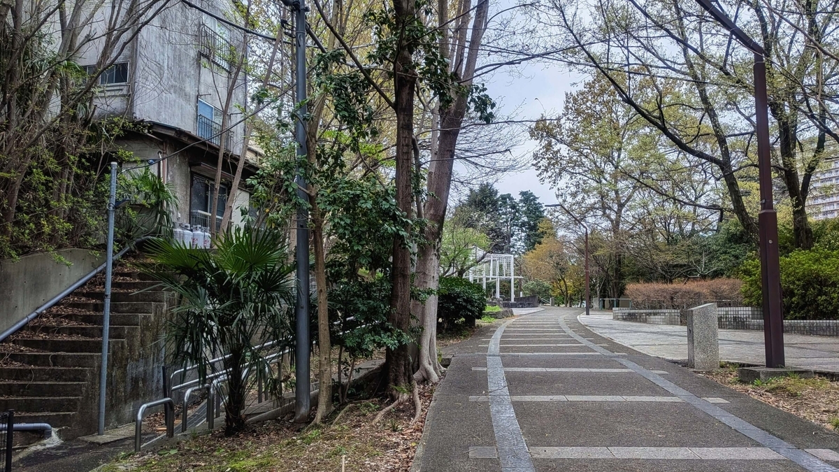 赤羽緑道公園と擁壁の上に立つ住宅