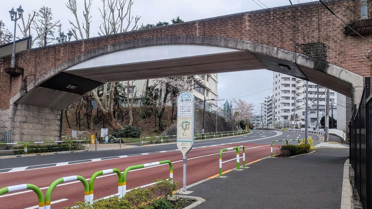 八幡小学校北バス停付近から見る赤羽並木通りと赤羽緑道公園パークブリッジ