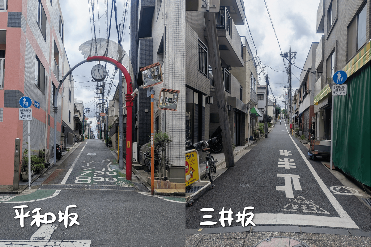 坂下から見た平和坂と三井坂 どちらも建物に挟まれたアスファルト舗装の細くて緩い坂道