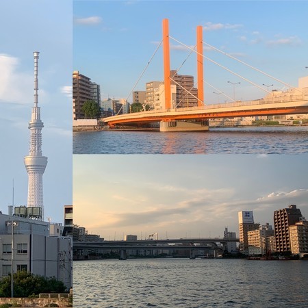 Daytime view of the Sumida River Terrace: Tokyo Sky Tree, Shin-Ohashi Bridge, and Ryogoku Bridge direction