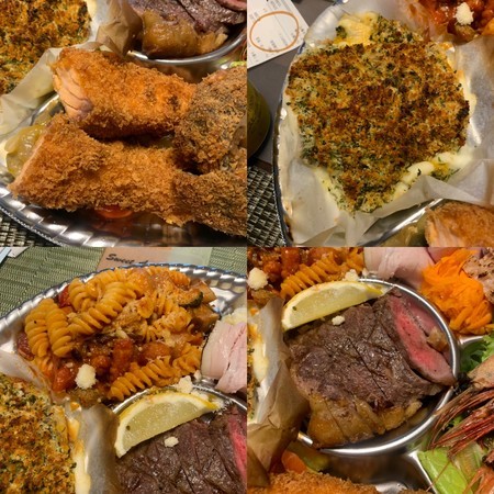Clockwise from top left: fried salmon, herb-roasted swordfish, sirloin steak, pasta.
