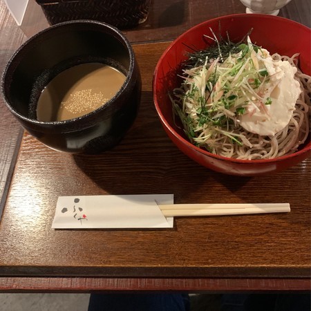 Cold soba noodles with tofu and condiments. Served with sesame sauce.