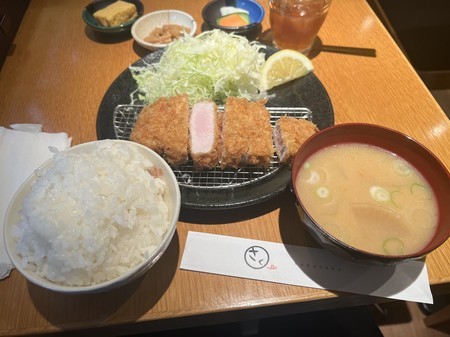 Large serving of rice, miso soup with pork, one refill of cabbage and rice