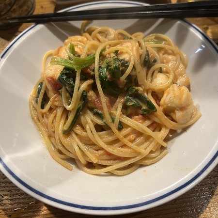 And lastly, tomato cream pasta with sea eel and cold-weather spinach!