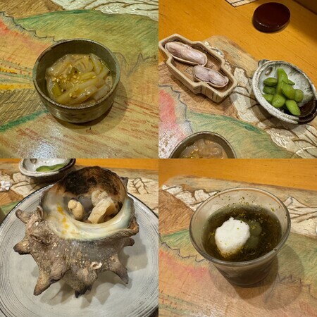 Salted fish to go with champagne, two types of beans, turban shells and mozuku