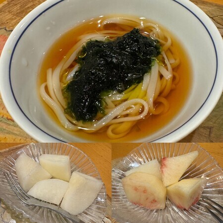 Inaniwa udon noodles (with fresh seaweed) to finish and pears and peaches for dessert