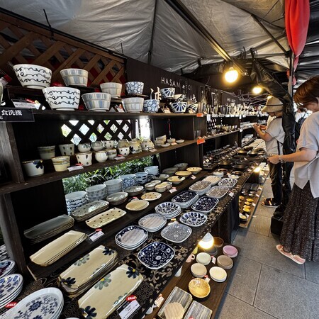 Various Hasami ware items lined up neatly
