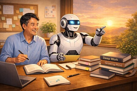 Figure 2: A person bearing no resemblance whatsoever to the actual individual, and a robot (generative AI) consulting together as they proceed