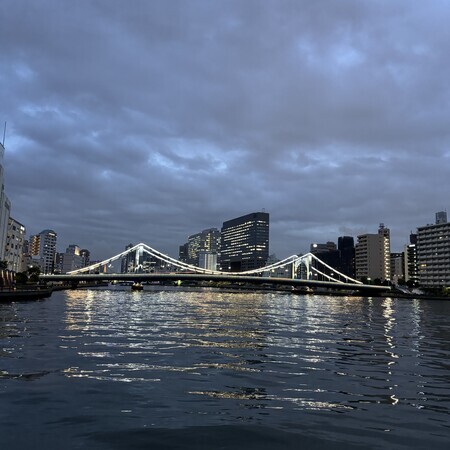 View of Kiyosu Bridge from beneath the statue of Basho