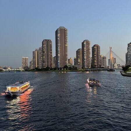 The Sumida River in July: it looks cool by the water’s edge, but it’s actually quite hot