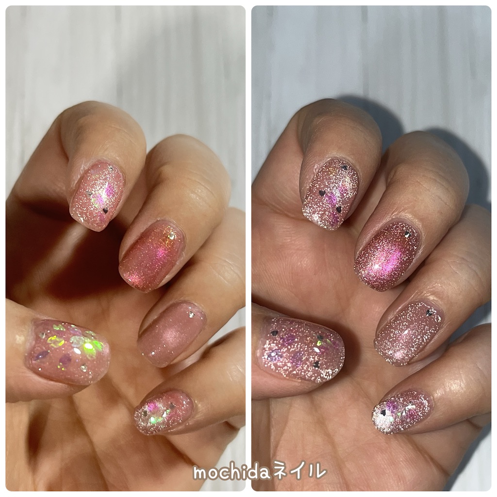 セルフネイル】春なのでピンクフラッシュ+ピンク系マグネット+桜風ホロ