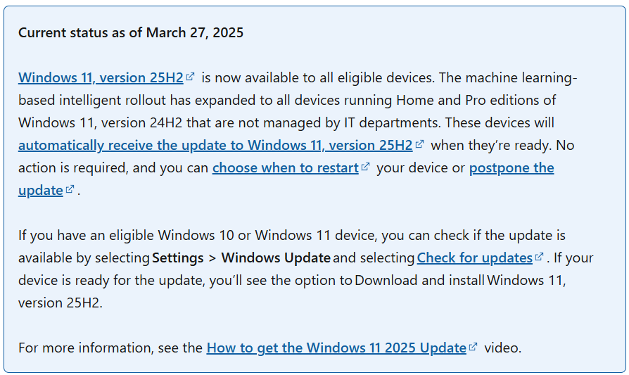 Windows 11 25H2 が自動アップデート対象になりました - （）のブログ