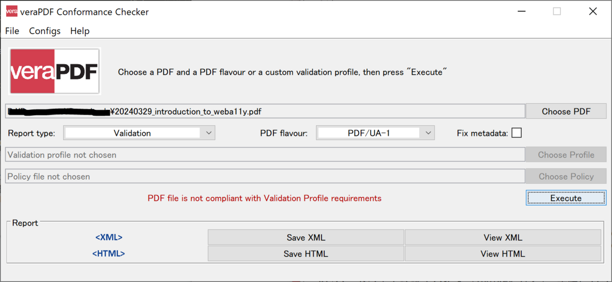 PDF file is not compliant with Validation Profile requirementsと表示されているvarePDFのスクリーンショット