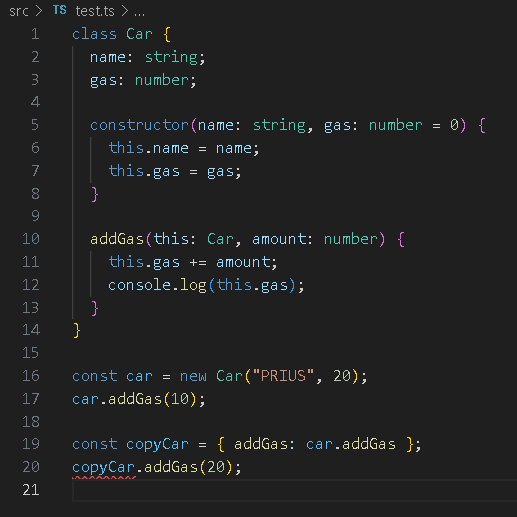 copyCar.addCopyにエラーがあることを示す、赤い波線が出ています。