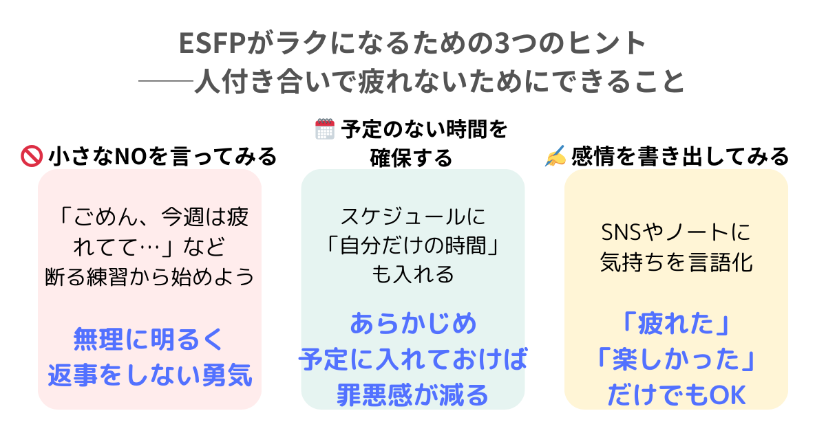 alt="ESFPが人付き合いで疲れないための3つのヒントを図解した実践型アドバイス画像"