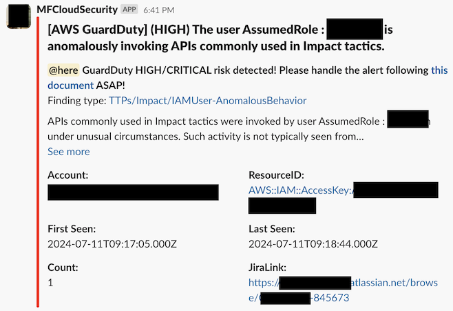 各チャンネルに送るGuardDutyアラートの例