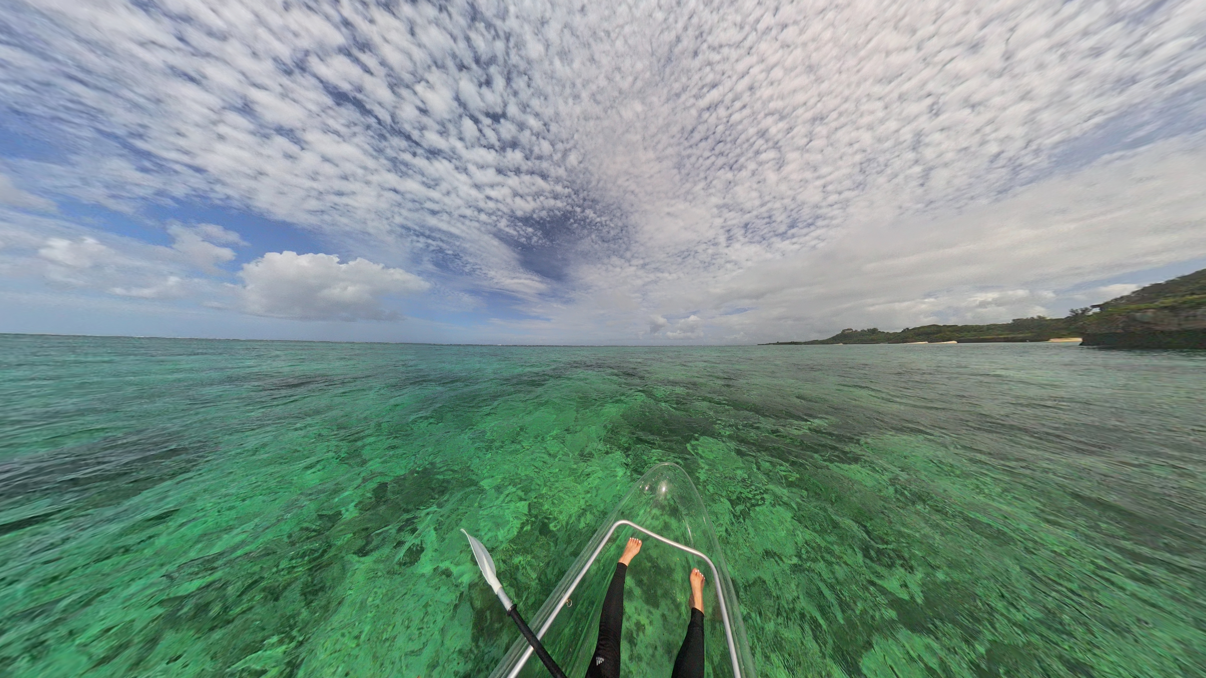 シーカヤックからの写真。透明なシーカヤックからは青い空や海だけでなく、透明な海底を一望できる。時折現れるサンゴ礁には色とりどりの熱帯魚の姿も垣間見えた。