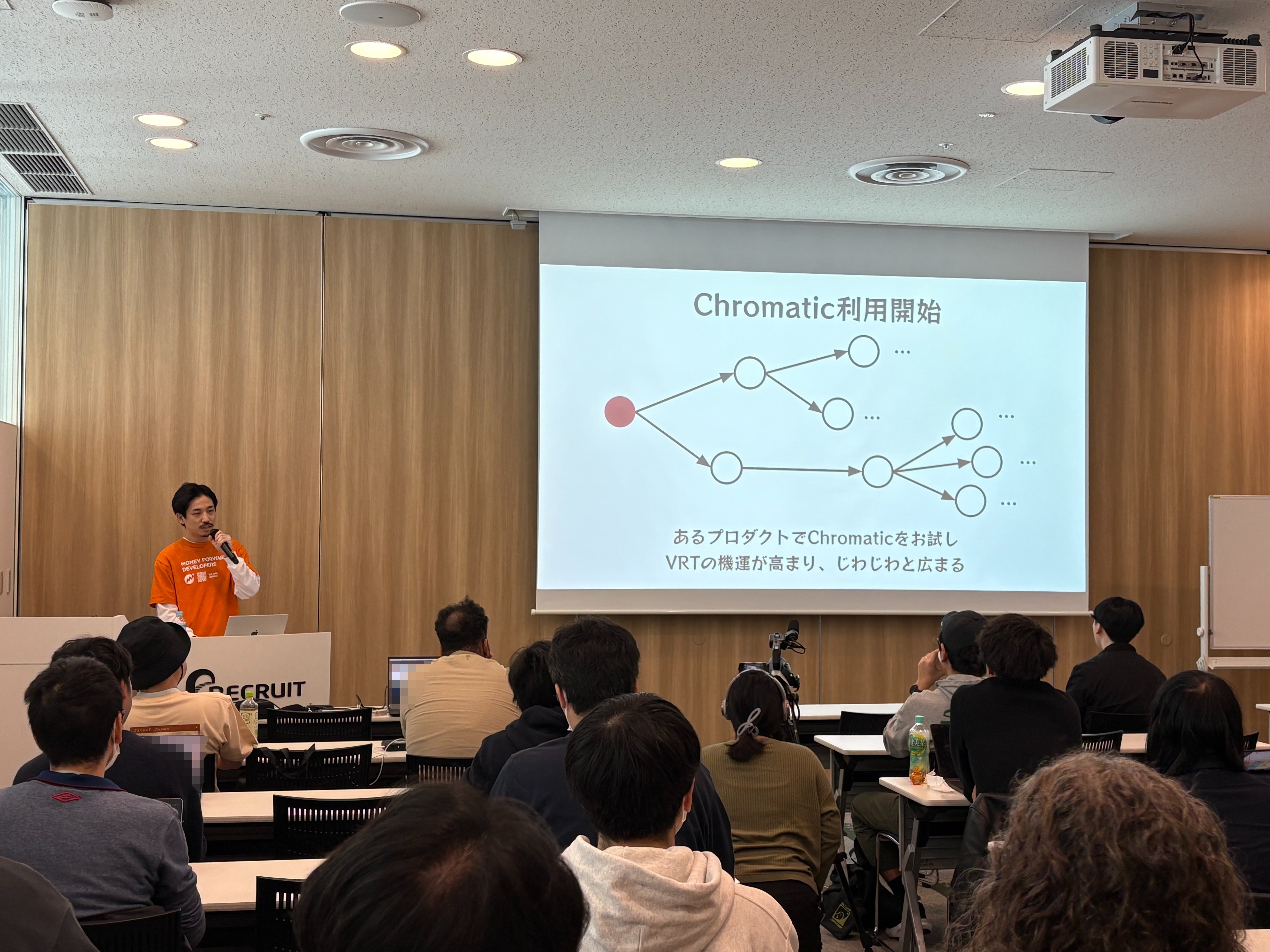 清川太雅がLTセッションで登壇している様子。Visual Regression TestingとChromaticに関する横断組織の取り組みについて発表している
