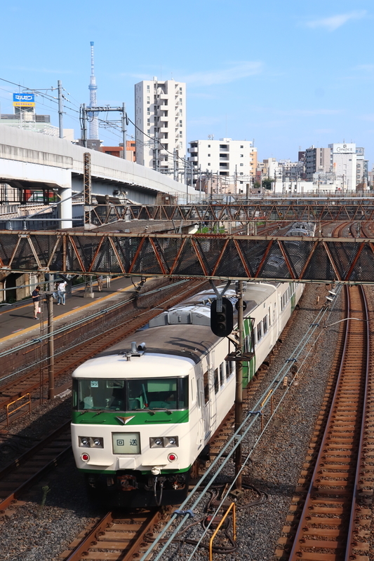 f:id:monhime:20190830113559j:plain 日暮里駅 スカイツリー 185系