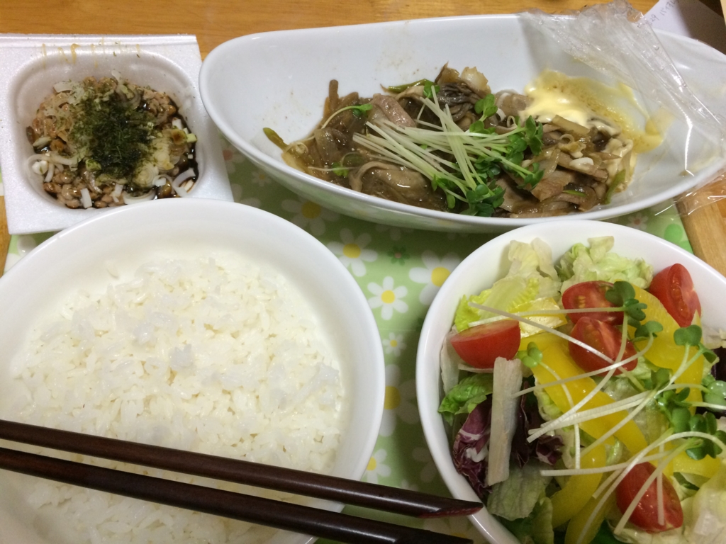 納豆と生野菜サラダ。生姜焼き定食