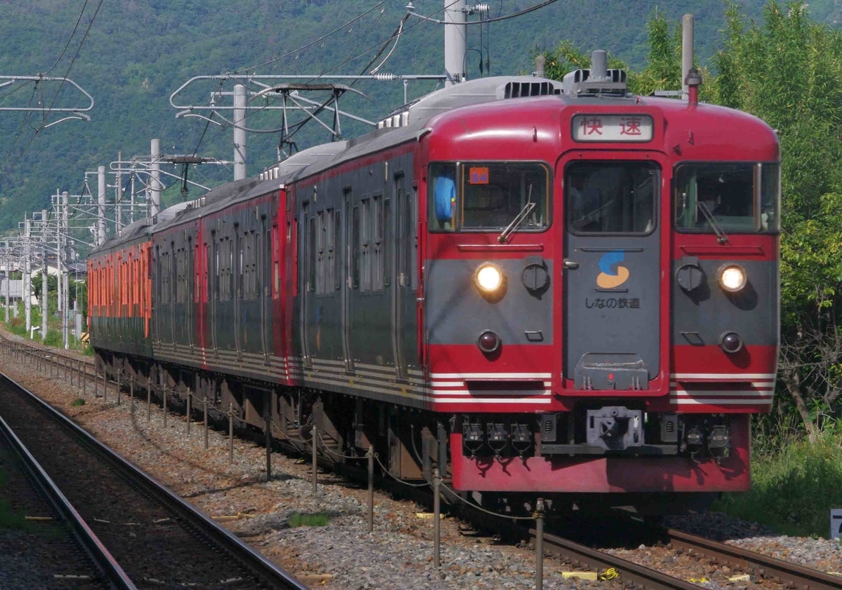 しなの鉄道　115系　スカ色　湘南色　コカ・コーララッピング　台鉄自強号色　信越線　安茂里　川中島　特急しなの号　名古屋　長野　383系　究極の583系　撮影地