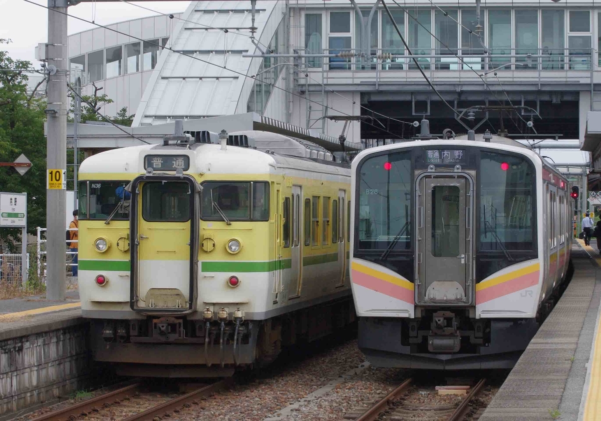 内野駅で撮影115系　70系新潟色　一次新潟色　弥彦色　小針　内野　撮影地　越後線　E129系　みかづき　イタリアン