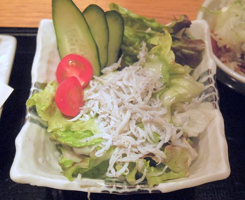 神奈川県川崎市川崎区駅前本町８番地ダイスビルにある居酒屋「茅ヶ崎 海ぶねダイニング」海老の天ぷらとお刺身三種ご膳のサラダ