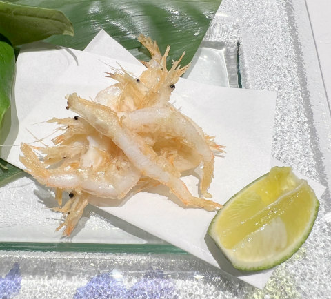 神奈川県横浜市中区常盤町3丁目にある炭火焼、創作料理「炭火焼 旬彩だるま」季節の前菜盛り合わせの季節の前菜盛り合わせの富山産白エビの唐揚げ