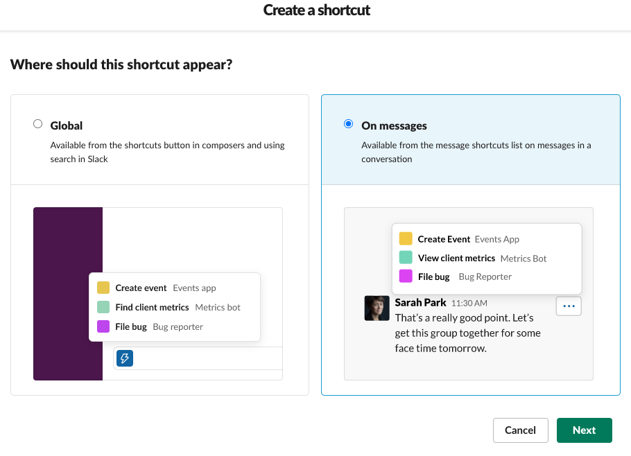 Slackのショートカット作成画面