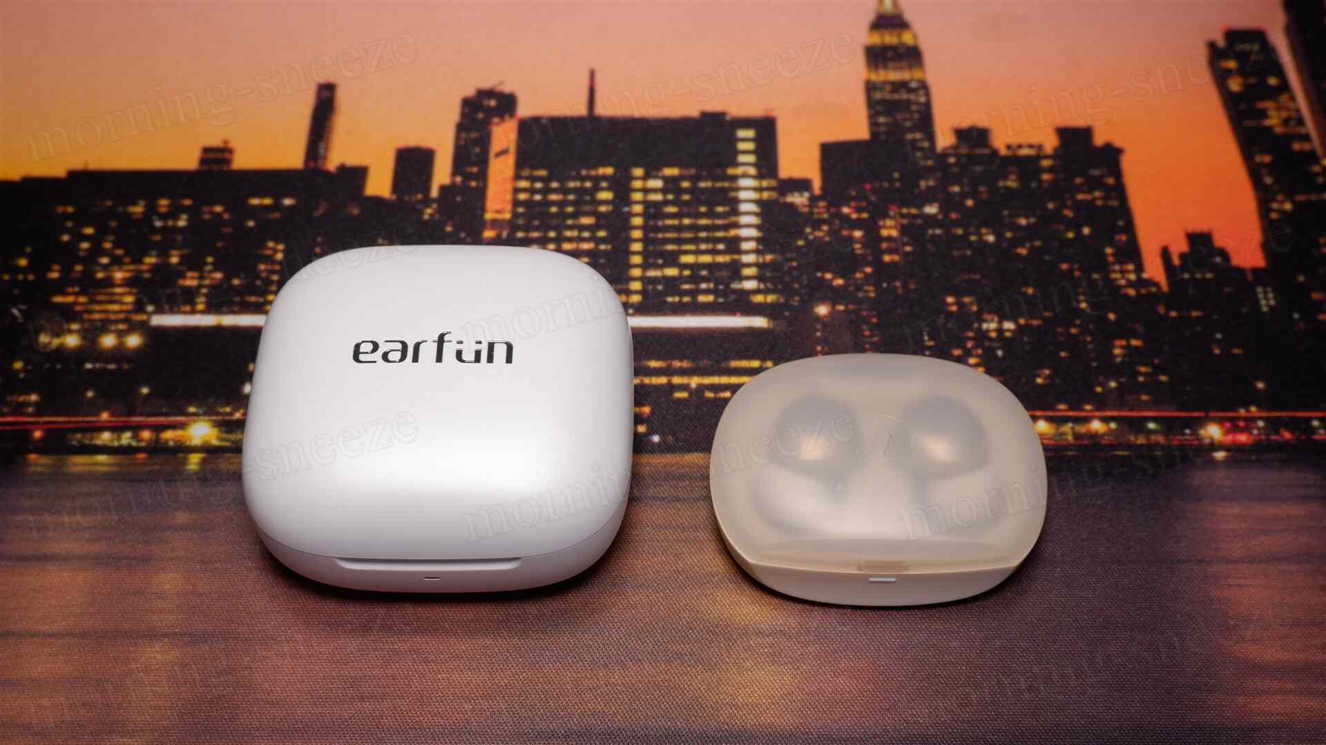 耳をつけるデバイスのケースが2つ並んでいる。左側には「earfun」と書かれたシルバーのケース、右側には白い透明なケースがあり、中にはイヤホンが収められている。