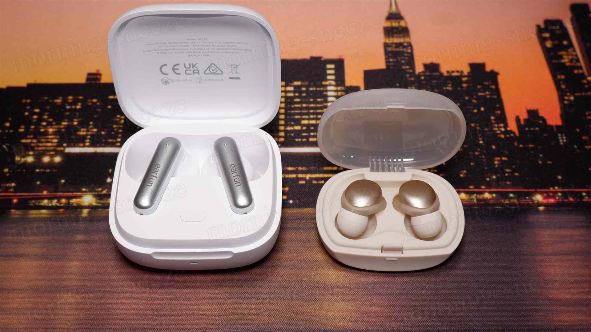 上記画像のケースの蓋を開けた状態の画像。白いケースに入った銀色のイヤホン2つと、クリーム色のケースに入った金色のイヤープラグ2つが並んでいる。