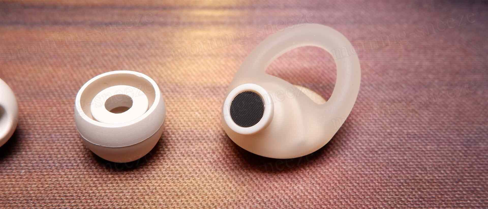 分解されたイヤープラグの部品が並んでいる画像。左側にはイヤーチップがあり、右側にはノズルフィルターの見えているプラグ本体があります。