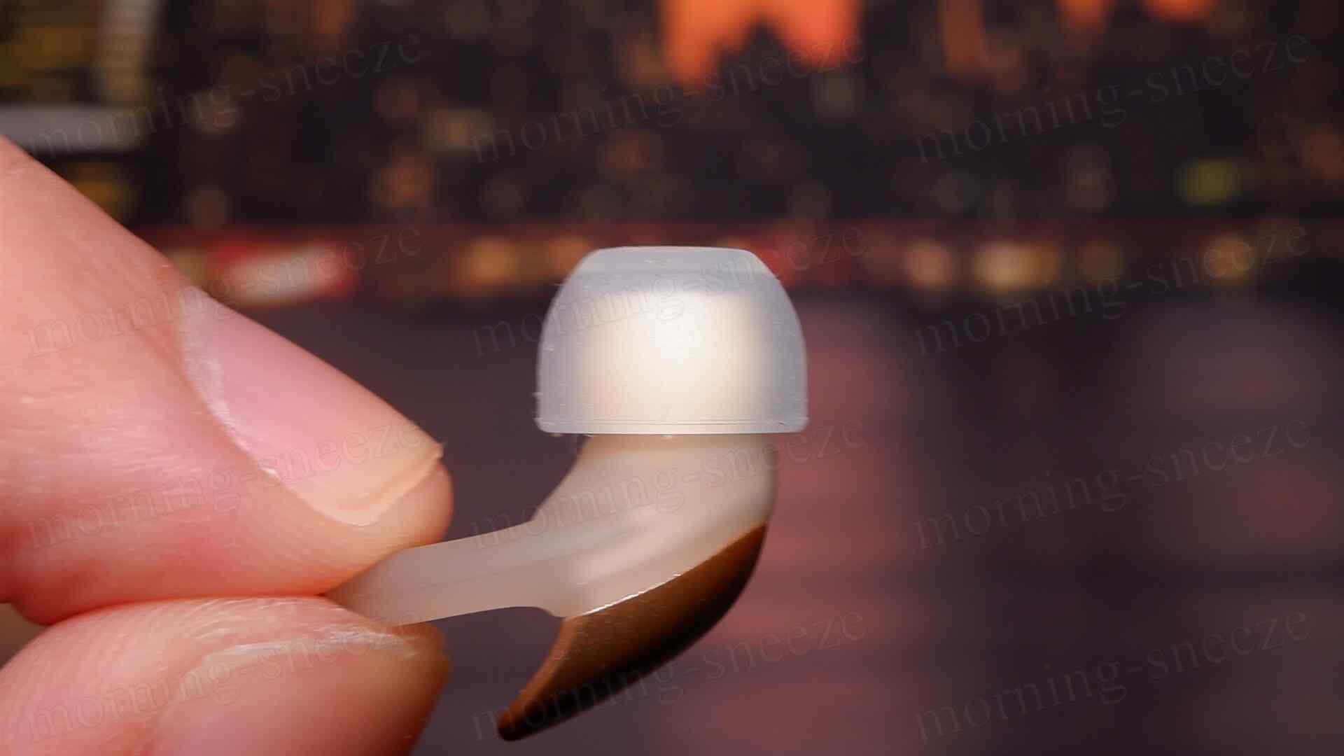 新チップのイヤープラグが、指で持たれている。イヤープラグは半透明の素材と金色の部分で構成されている。