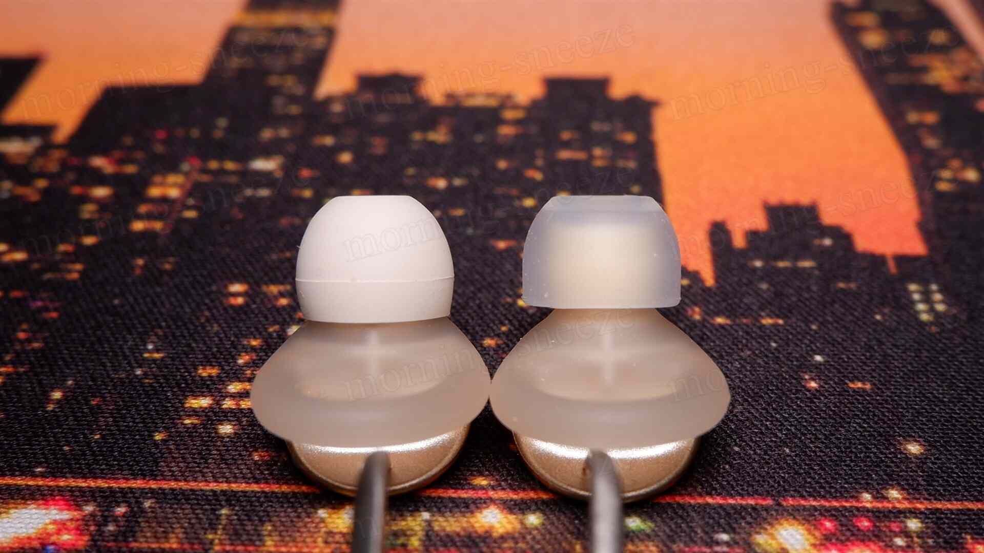 耳栓が二つ並んでいる画像。左側の耳栓は白色のシリコン製で、右側は透明なシリコン製。