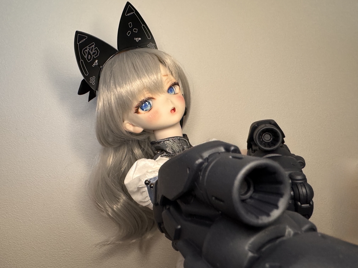 両腕にカノン砲付きの黒いメカアームをつけ、黒いネコミミレーダーとインカムも装備したギンカ