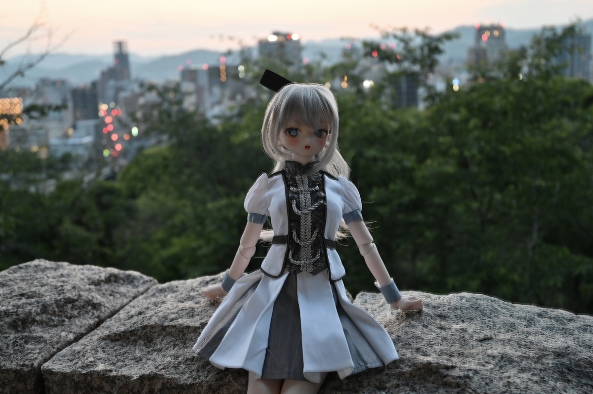 石垣に腰掛けるギンカ。背景には夕焼けと広島の街の明かりが見えます。逆光気味です。