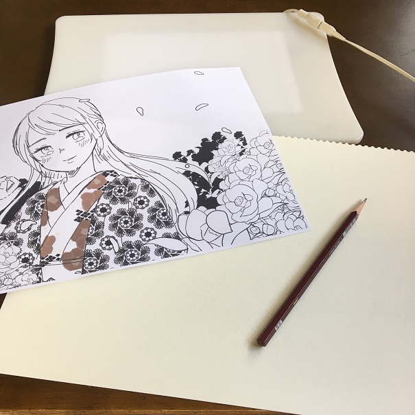 イラストメイキング 椿と着物少女の線画を鉛筆で描く サクライ ブログ