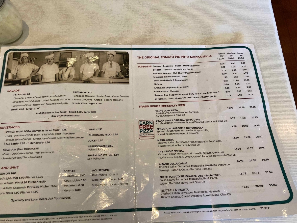 Frank Pepe Pizzeria Napoletanaメニュー
