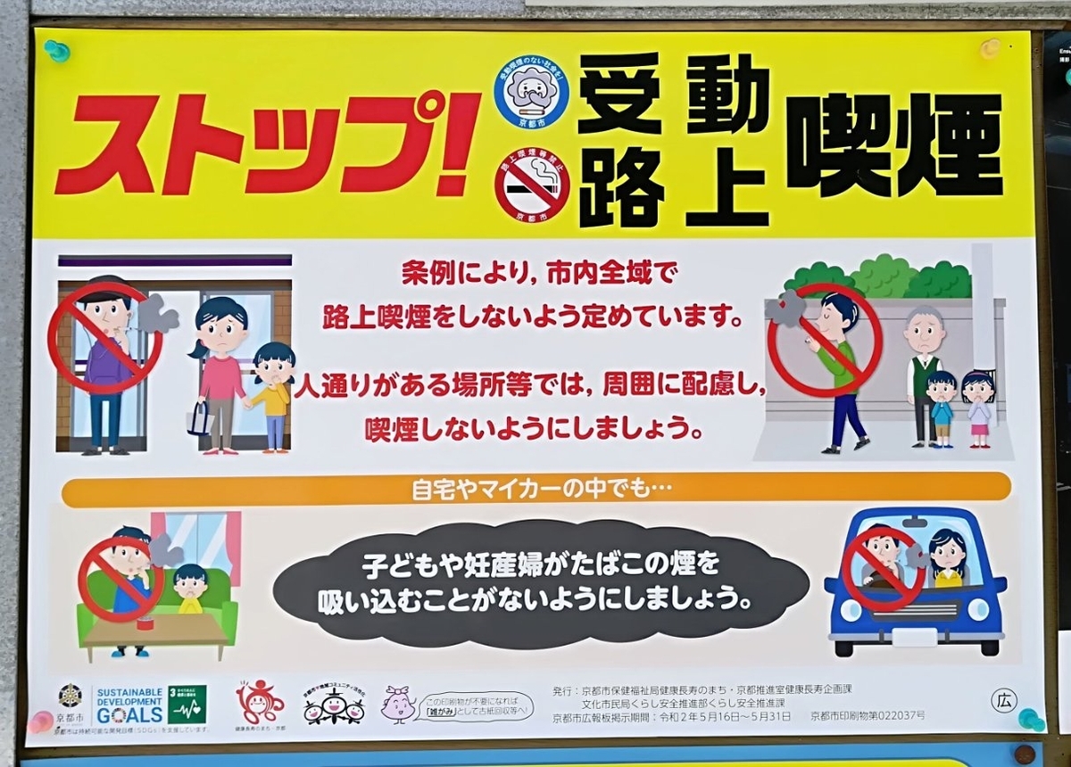 京都市の啓発ポスター。黄色地に「ストップ!受動喫煙 路上喫煙」と大きく書かれている。路上喫煙で煙が周囲に広がるイラストがあり、条例により市内全域で路上喫煙をしないよう定めていること、人通りがある場所等では喫煙しないよう呼びかける文章が書かれている。