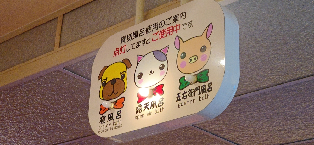 貸切風呂の使用状況を示すランプ付きの掲示板