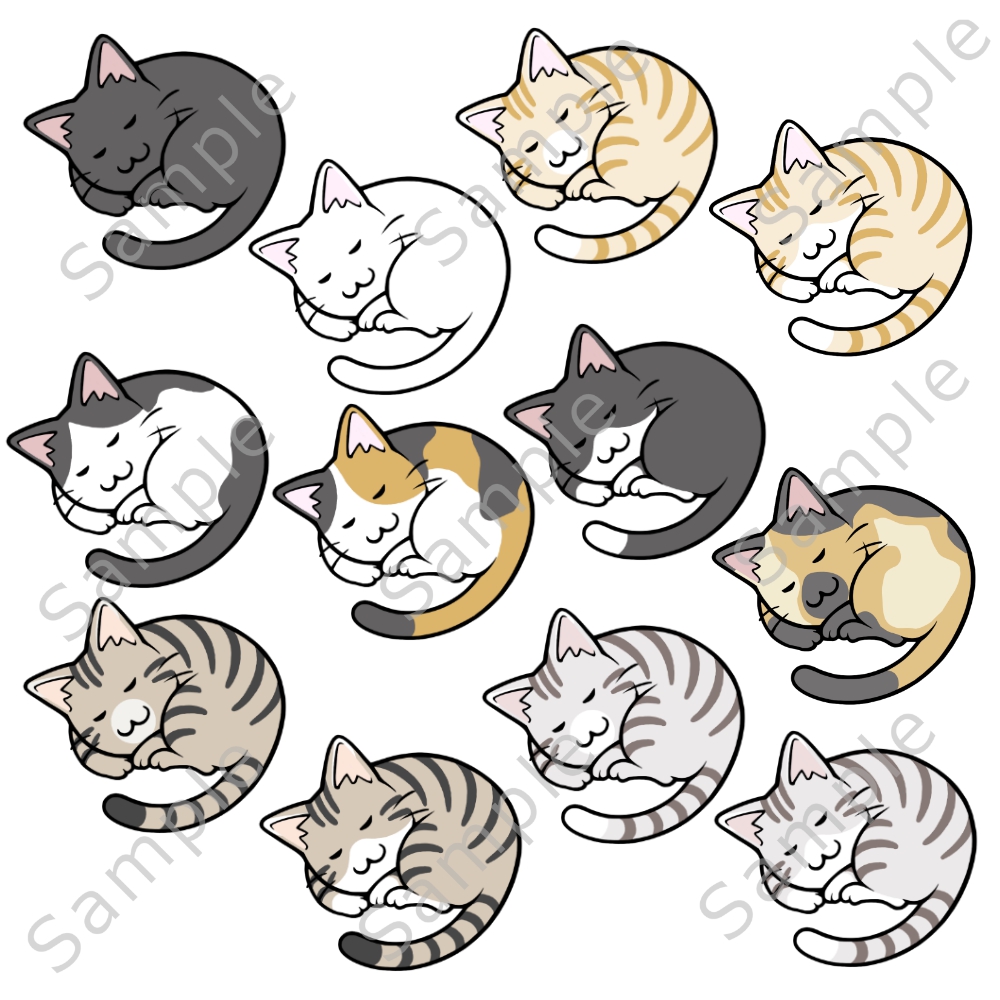 猫のイラスト素材 丸くなって寝る猫 - むぎわらスタンプ, image size:1000x1000