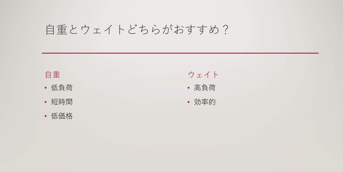 自重トレーニングとウェイトトレーニングの比較です。