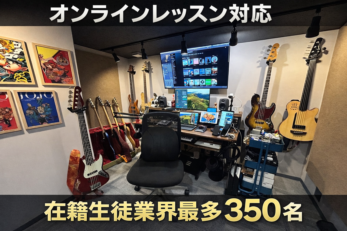 ベースが並ぶスクールのレッスンスタジオ（川崎）