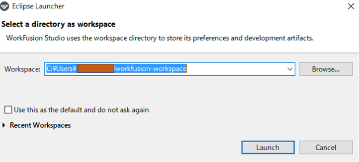 workspaceの場所をする画面。そのままLaunchをクリックする