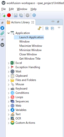 アクションライブラリからLaunch Applicationを選ぶ図
